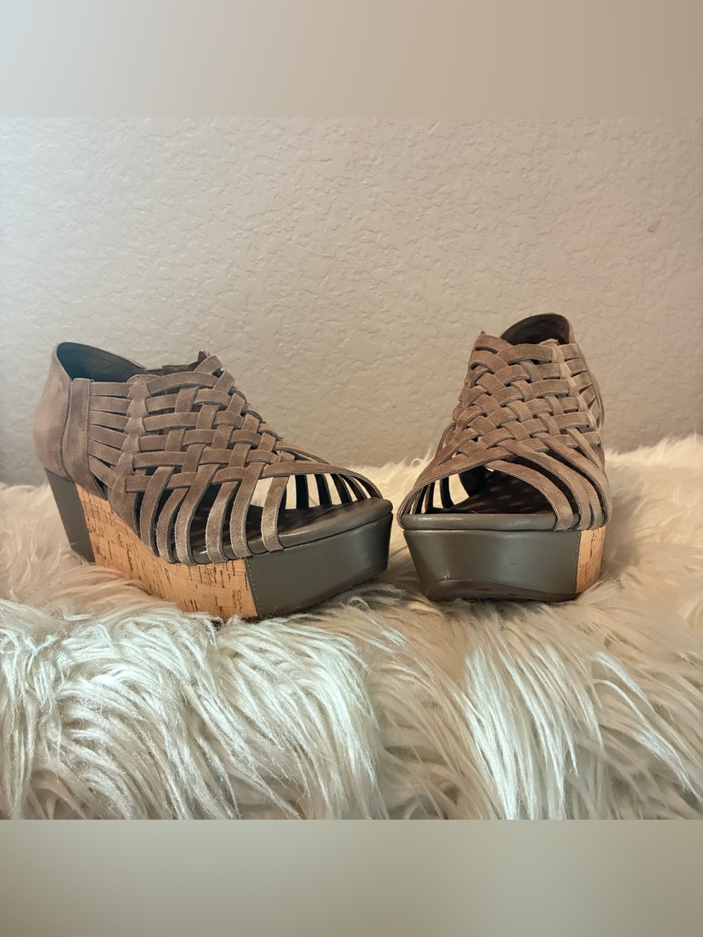 Chocolat Blu Taupe Woven Suede Cork Wedge Sandals - Picture 3 of 9